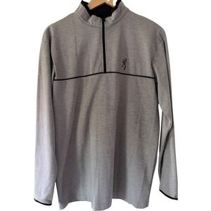 Browning Mens Medium 1/4 Zip Pullover Jacket Gray Black Buckmark Logo Tech Fleec